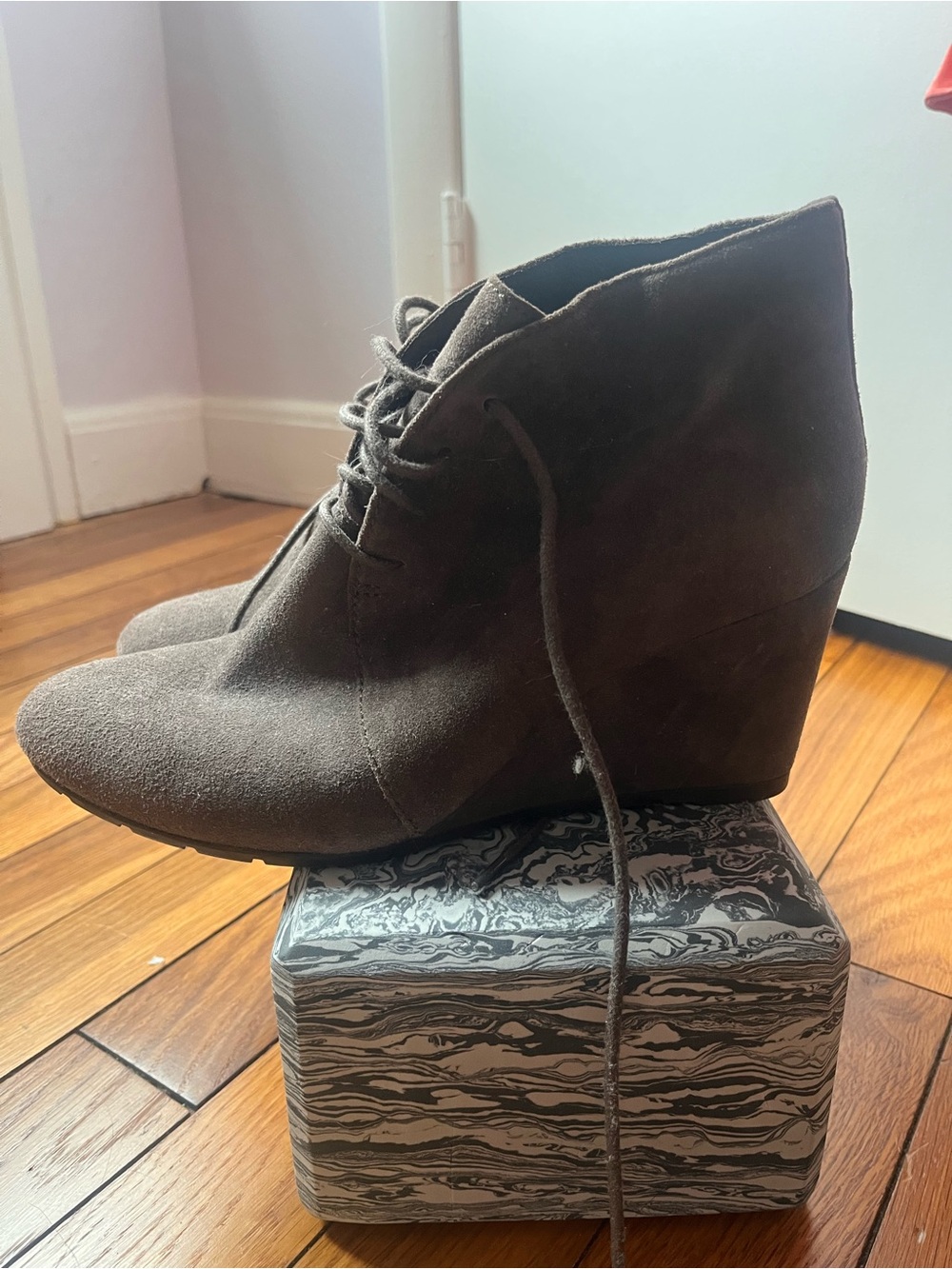 Clarks Brownish Gray Suede Lace-Up Wedge Ankle Booties